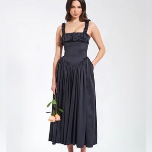 Black Satin Drop Waist Midi Dress